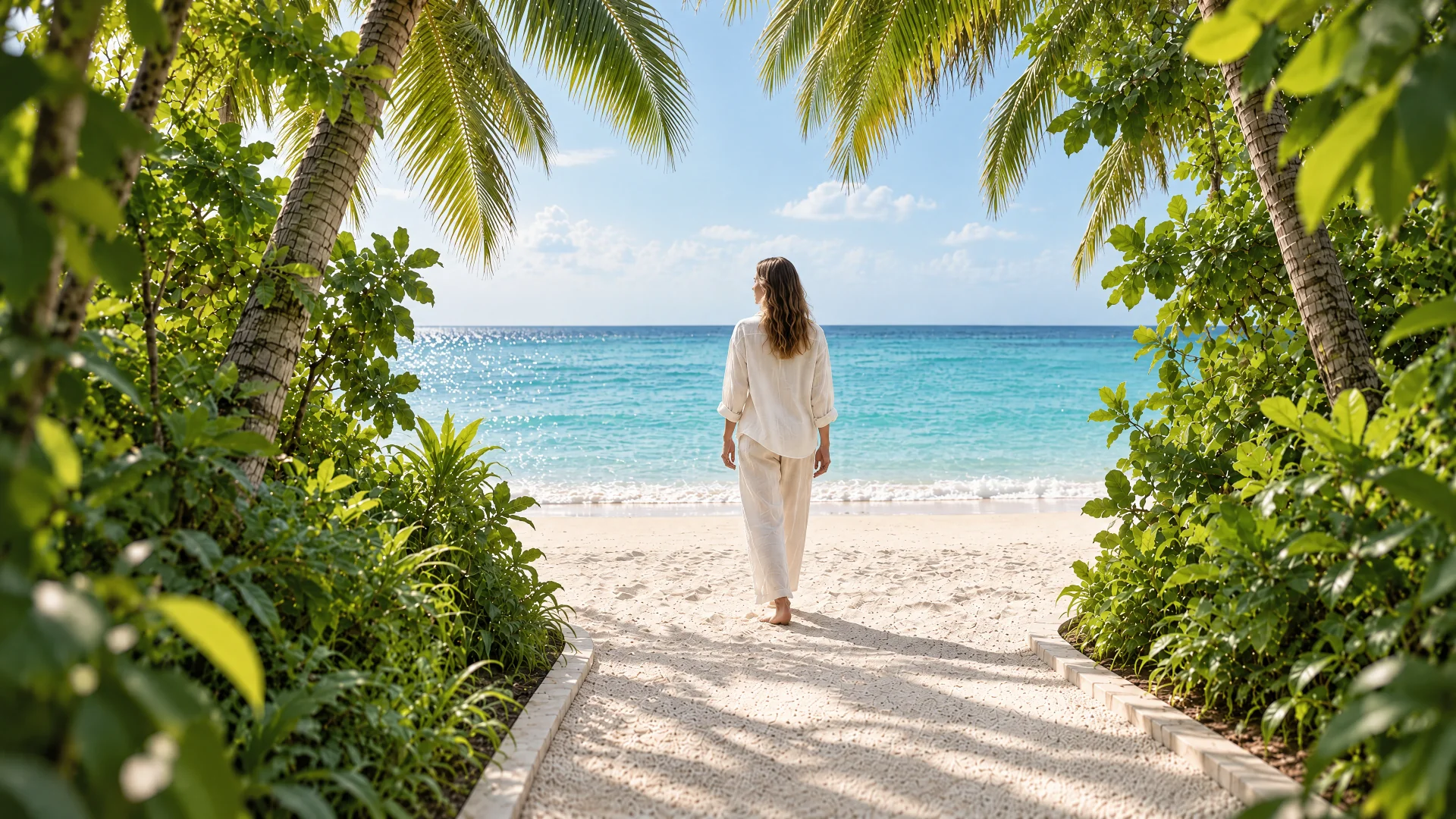 AI concept of a woman in ivory linen arriving at the ocean through island palms